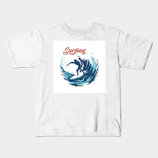 Surfing Man and Big Ocean Wave Kids T-Shirt